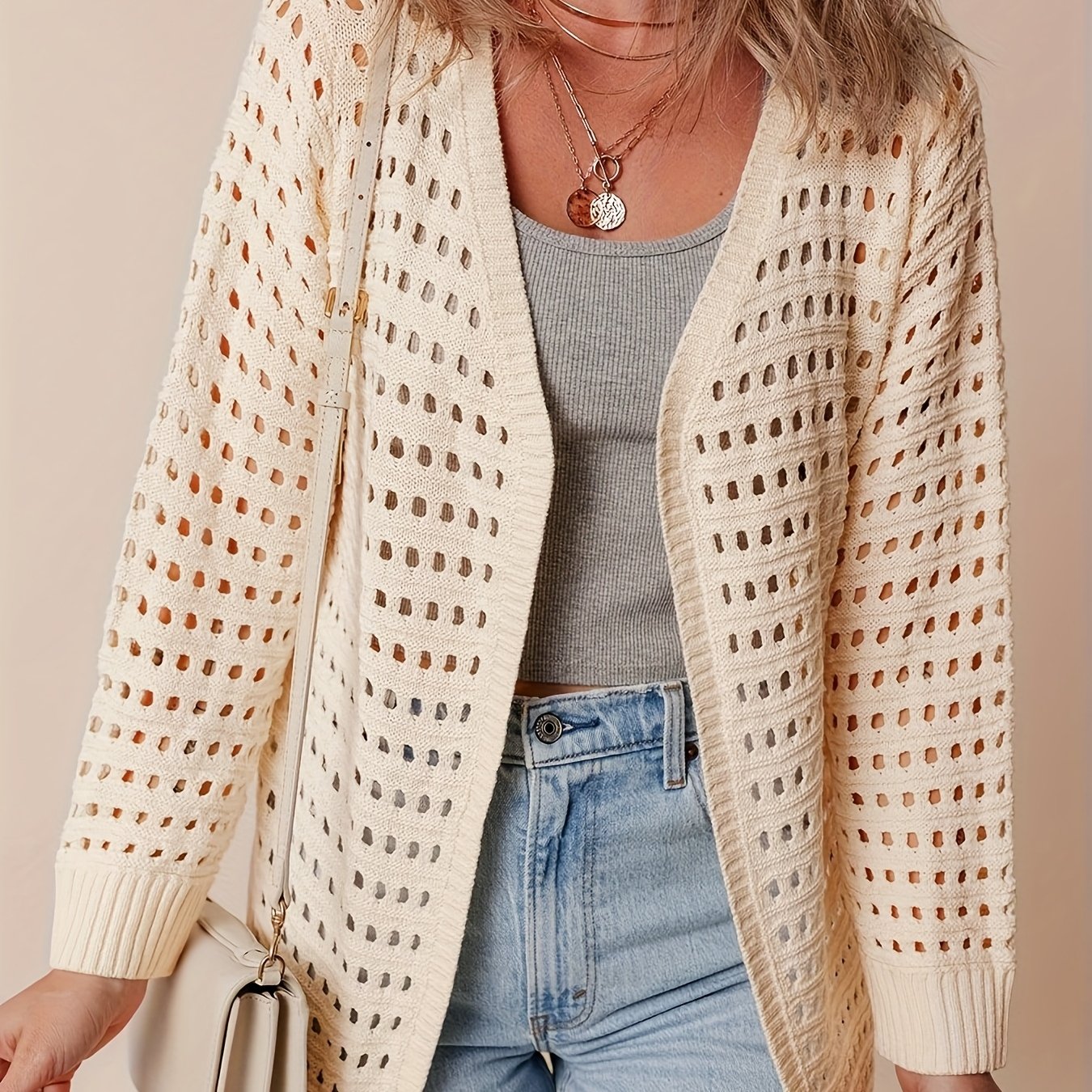 Women's Plus Size Beige Long Sleeve Hollow Out Beach Cardigan