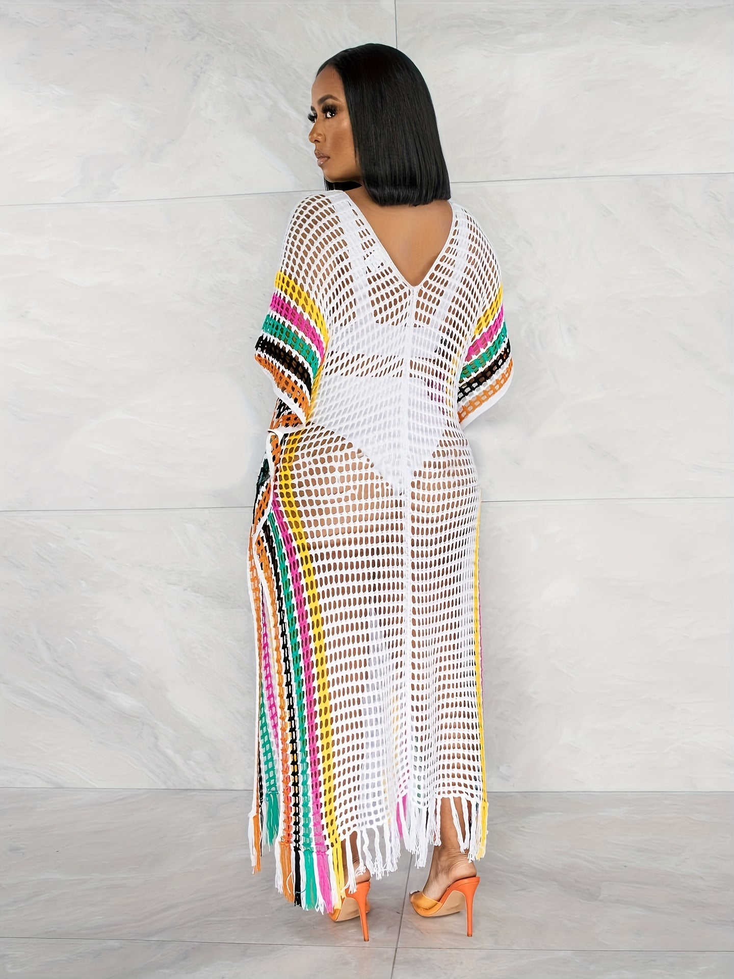 Плюс сайз женский вязаный пляжный свитер с бахромой и контрастными цветами