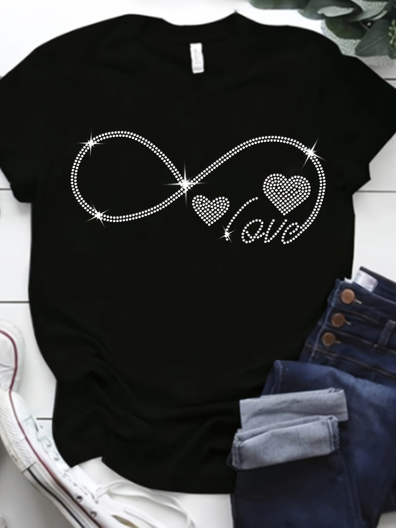 Plus Size Women's Casual T-Shirt with Rhinestone Geometric Pattern Polyester Blend