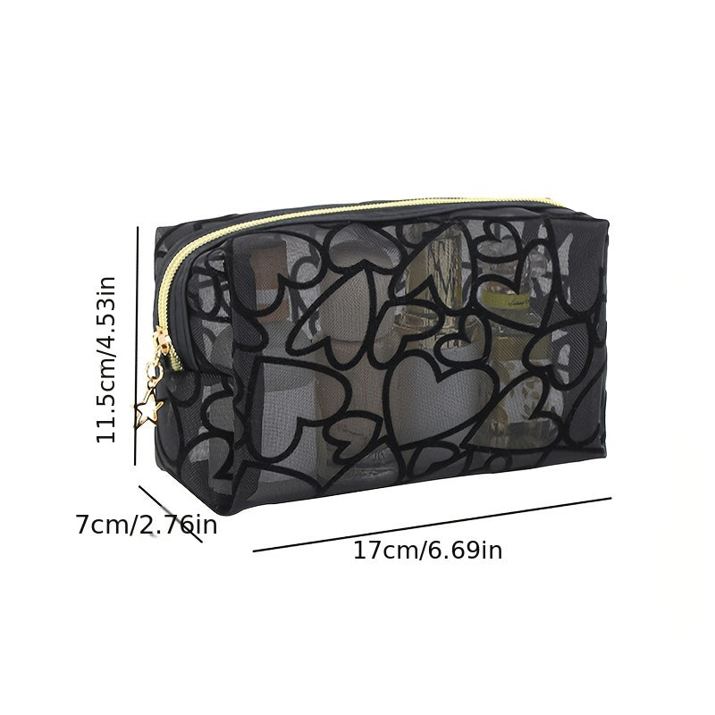 Путешествуйте стильно с этой портативной сумкой для макияжа из сетчатого материала большого объема черного цвета.