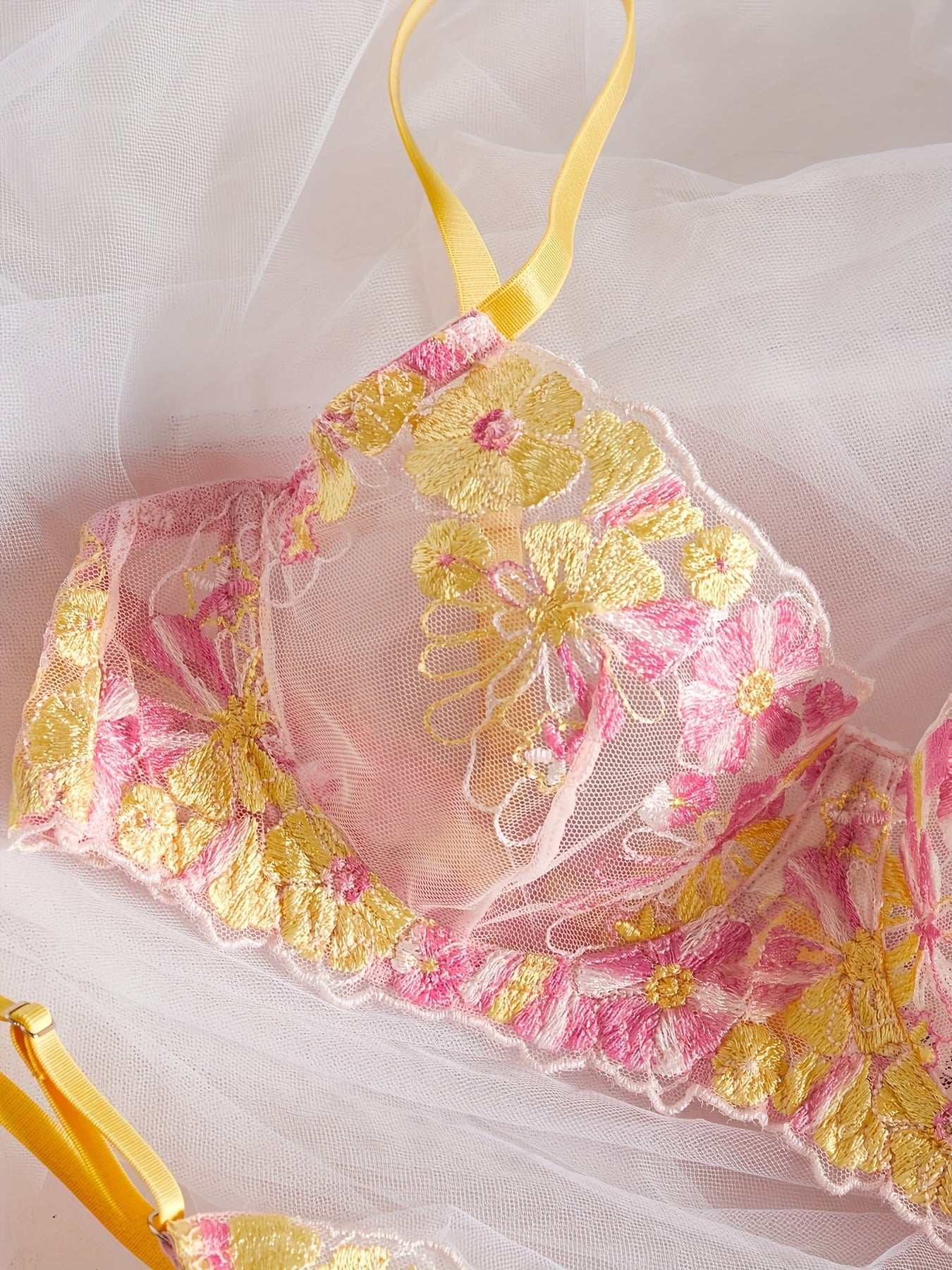 Women's Lace Satin Lingerie Set with Adjustable Straps and Floral Design