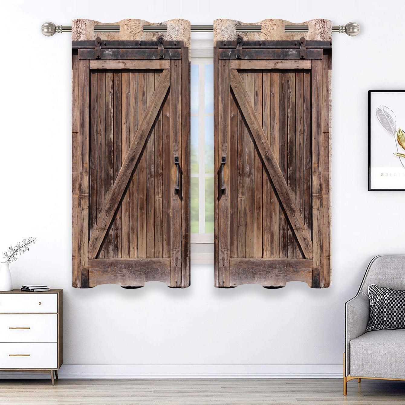 Set of 2 Rustic Wooden Door Design Curtains for Bathroom Living Room Bedroom Window Treatments