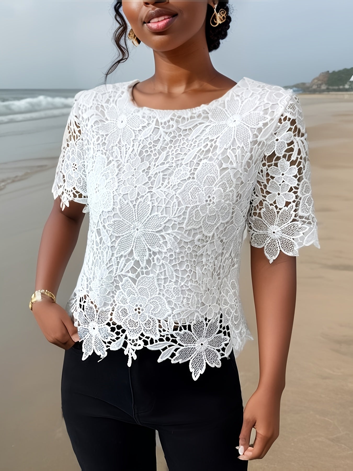 Блузка женская большого размера с цветочным кружевом полупрозрачная легкая повседневная топ
