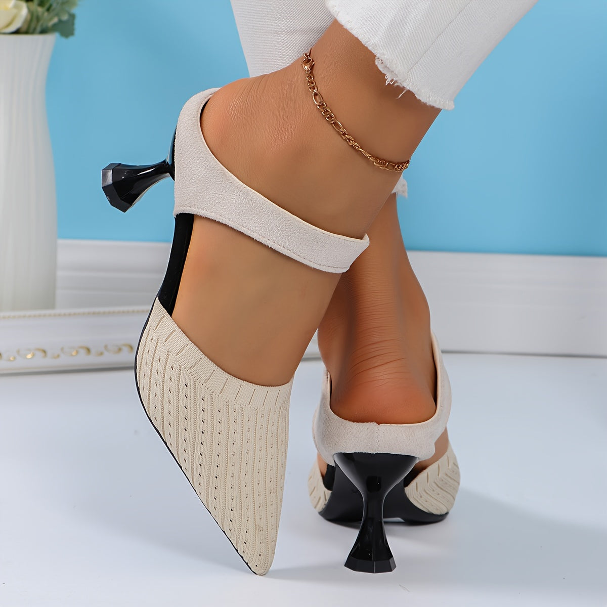 Women's Knit Fabric Slingback Sandals Pointed Toe High Heel