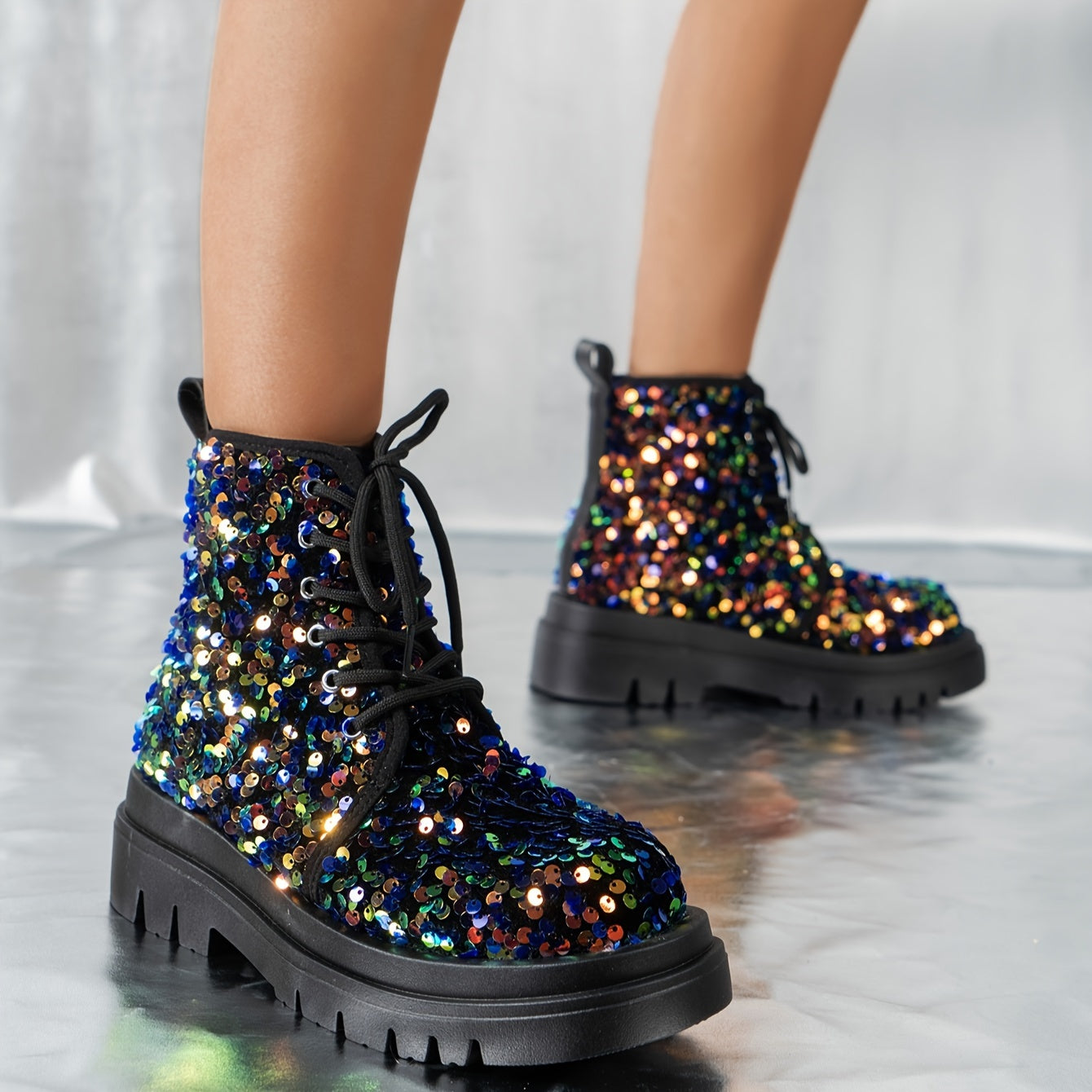 Women's Glittery Lace-Up Ankle Boots with Rubber Sole, Casual, Dressy