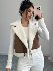 Women's Faux Lamb Sleeveless Vest Jacket with Zipper and Lapel Collar for Fall Winter