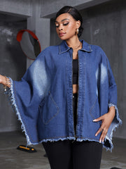 Women Plus Size Denim Coat Loose Fit Batwing Sleeve Washed Blue Denim Outerwear