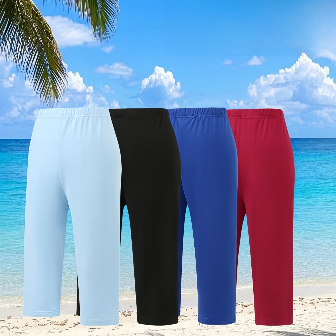 Women Plus Size Capri Leggings High-Waist Stretchy Solid Colors Summer Beach Casual