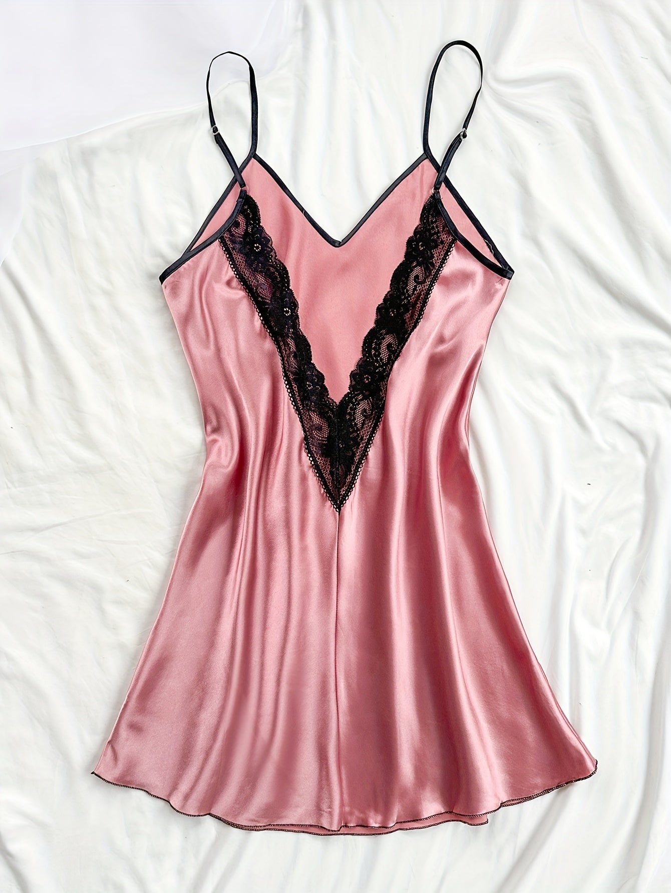 Camisón de encaje satinado con escote en V y espalda descubierta para dormir, mujer, color sólido, poliéster