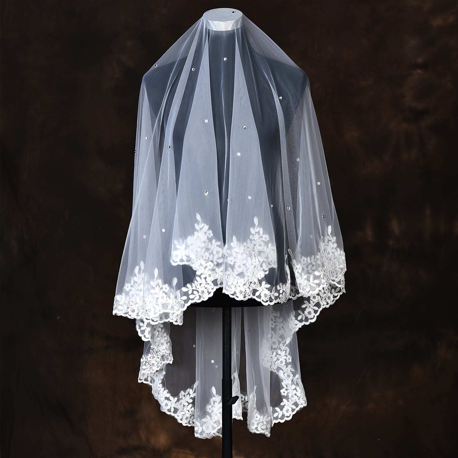 White Short Embroidered Wedding Veil for Bride with Hair Comb Not Included