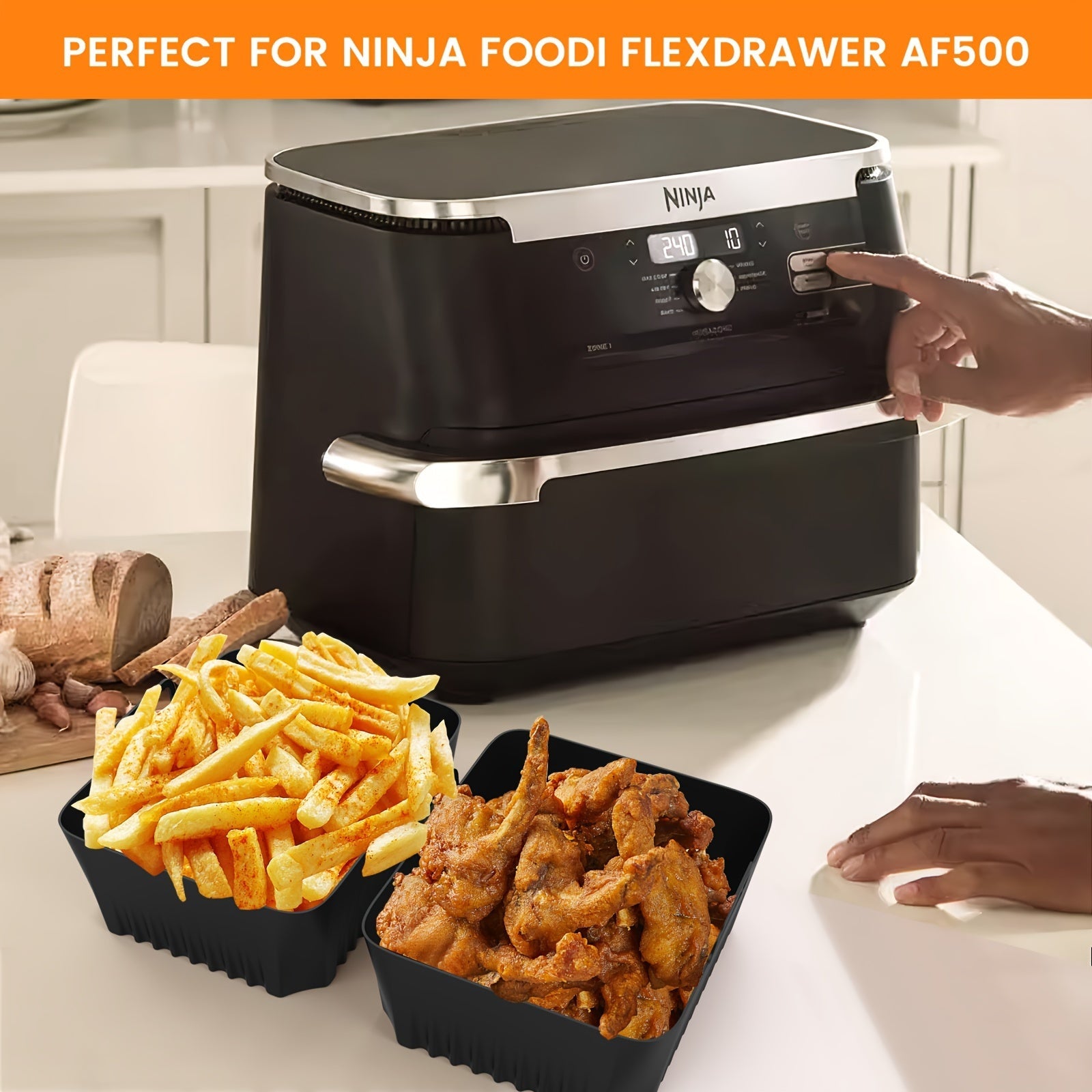 Uch qismli Ninja AF500 Air Fryer silikon pishirish qozonlari to'plami, qayta ishlatiladigan, oziq-ovqat bilan aloqa qilish uchun xavfsiz oshxona va restoran chuqur fritöz aksessuarlari.