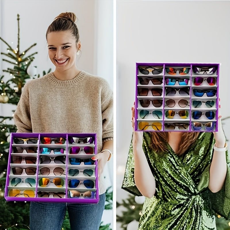 Women's Jewelry Storage Box with 18 Slots for Eyeglasses Artificial Leather Stand Purple Red Blue-Grey