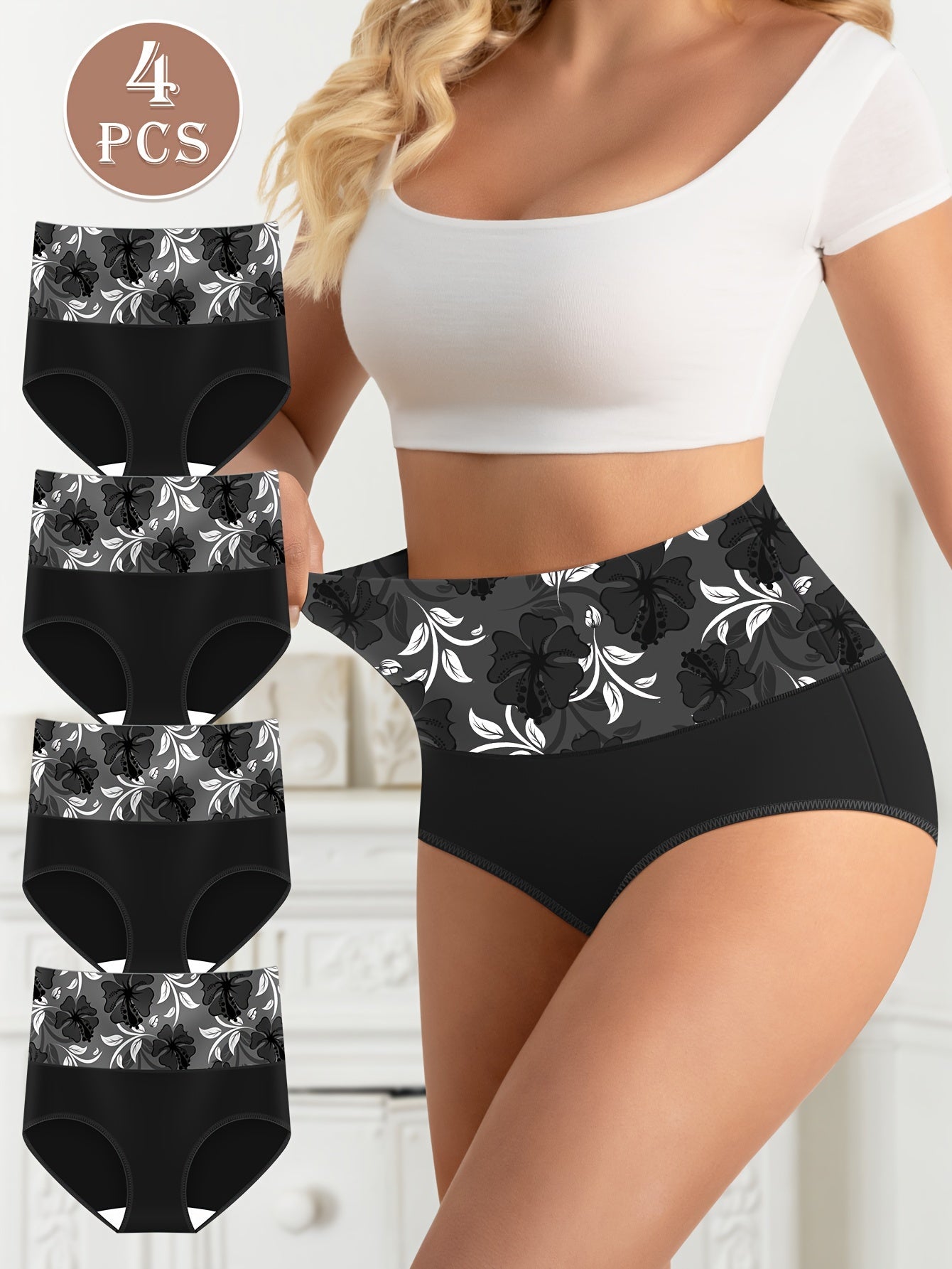 Women's High-Waist Shapewear Panties 4 Pack Black Tummy Control Breathable