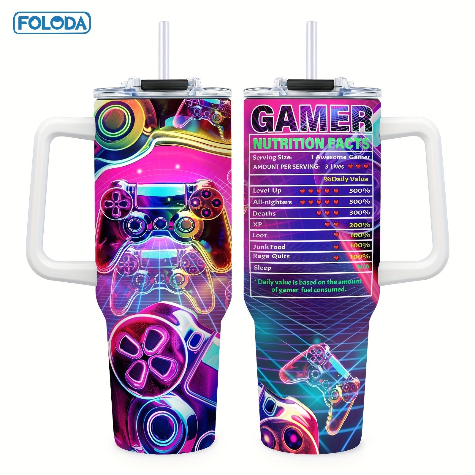 40oz Stainless Steel Tumbler with Gaming Controller Design, Handle, Lid, Straw