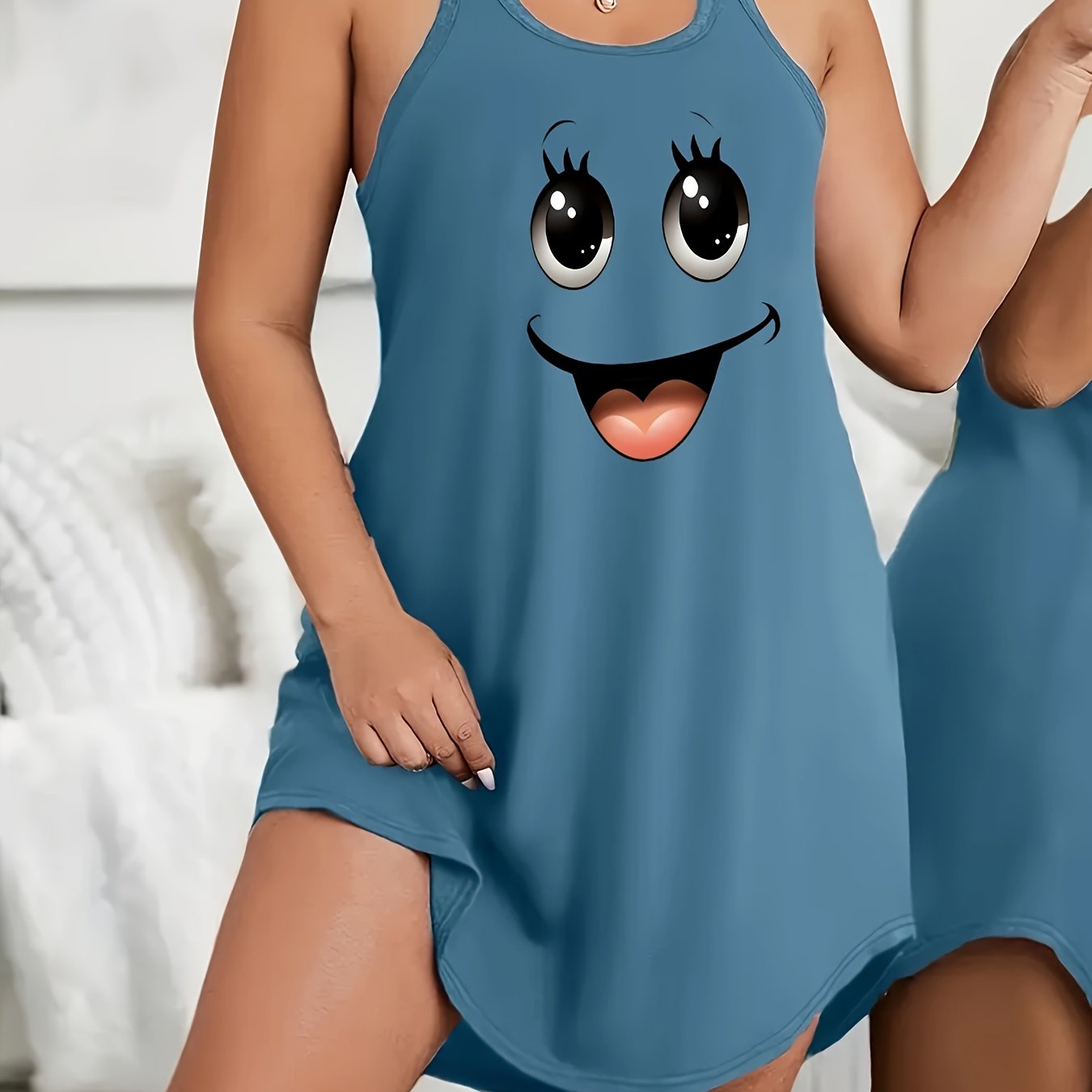 Plus Size Women's Sleepwear Nightgown Blue Face Print Casual Stretchy Sleep Dress