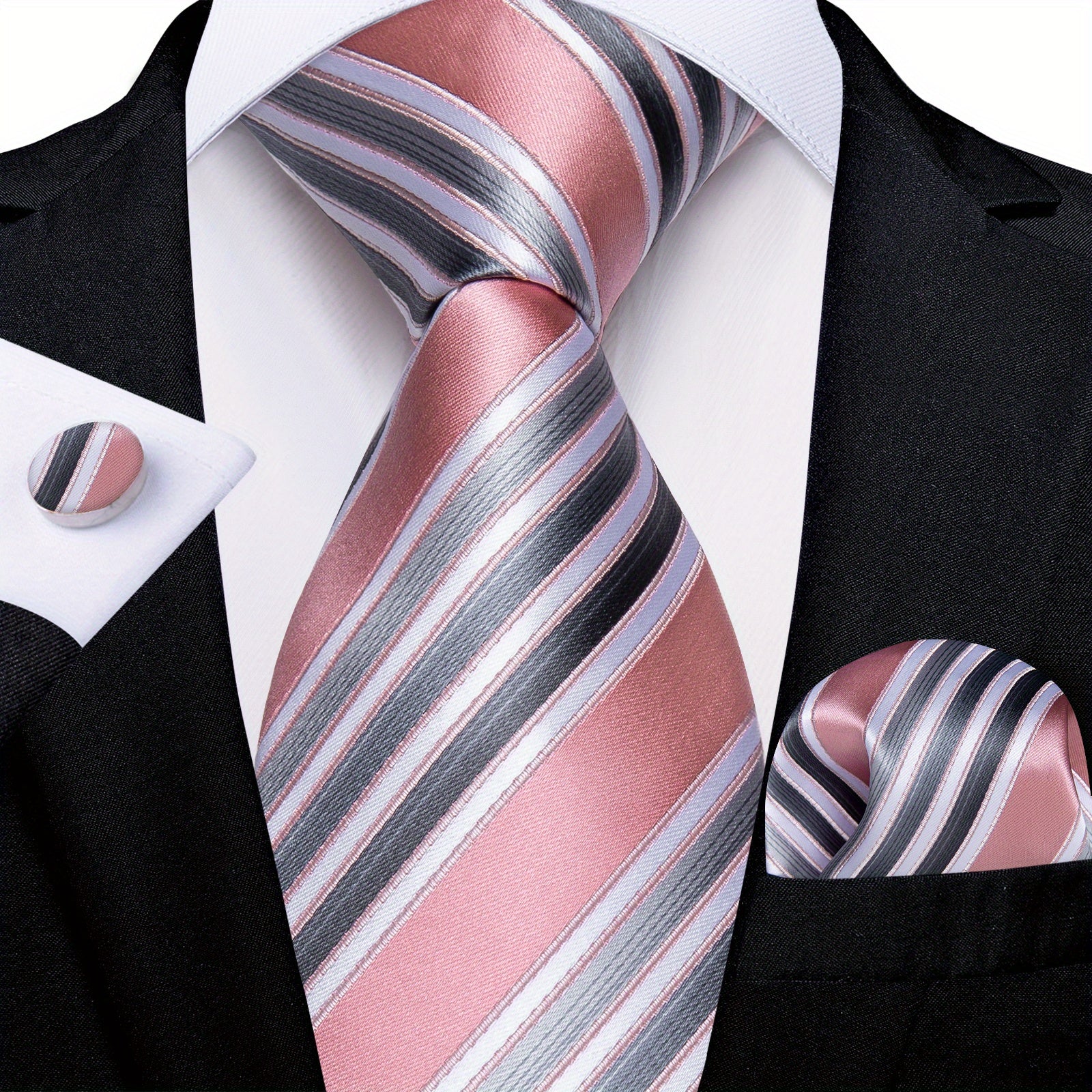 Stylish Men's Pink Patterned Tie Set with Pocket Square, Hanky, and Cufflinks - Perfect for Weddings or as a Gift
