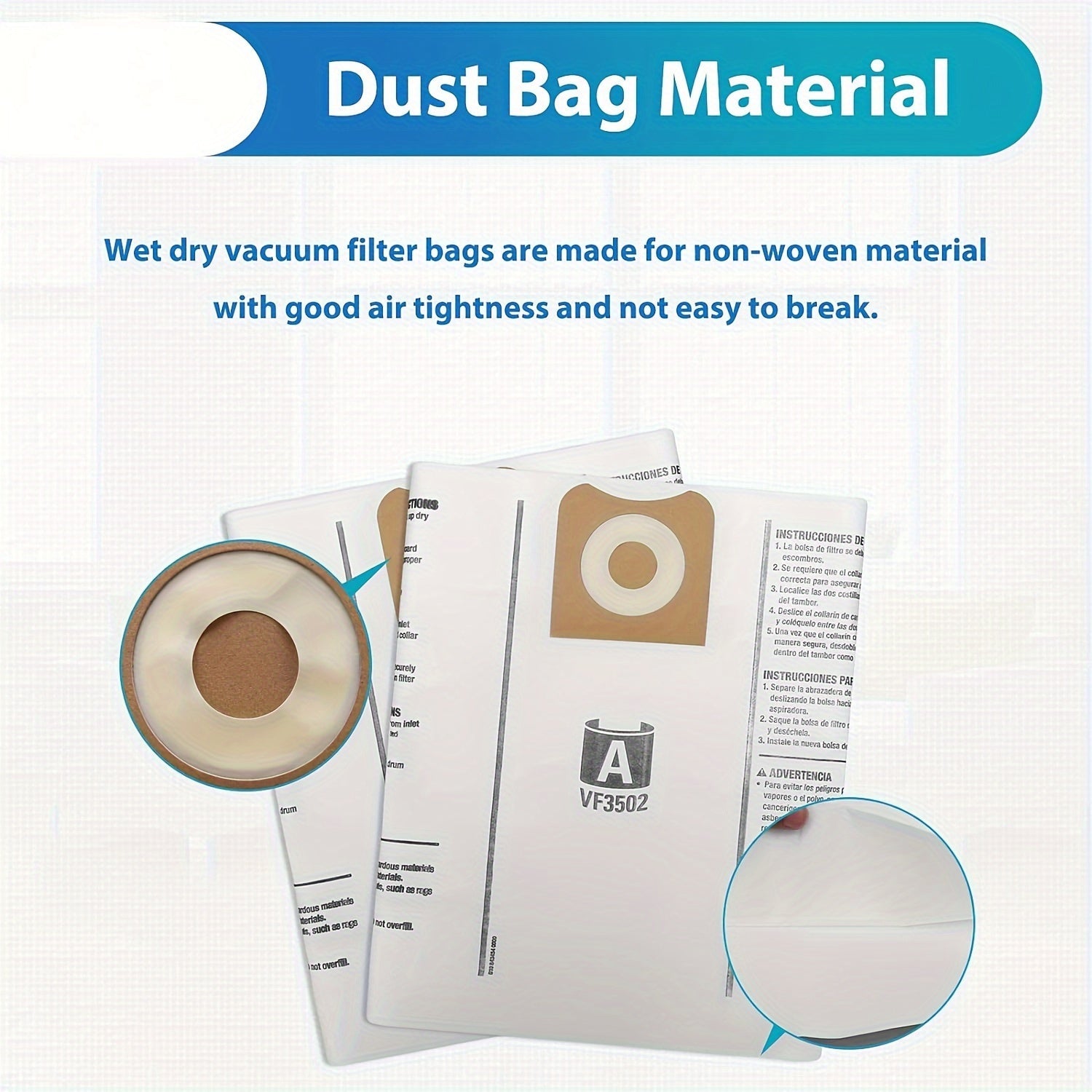12 Replacement Vacuum Dust Bags for Shop Vac 45-60L, High Efficiency