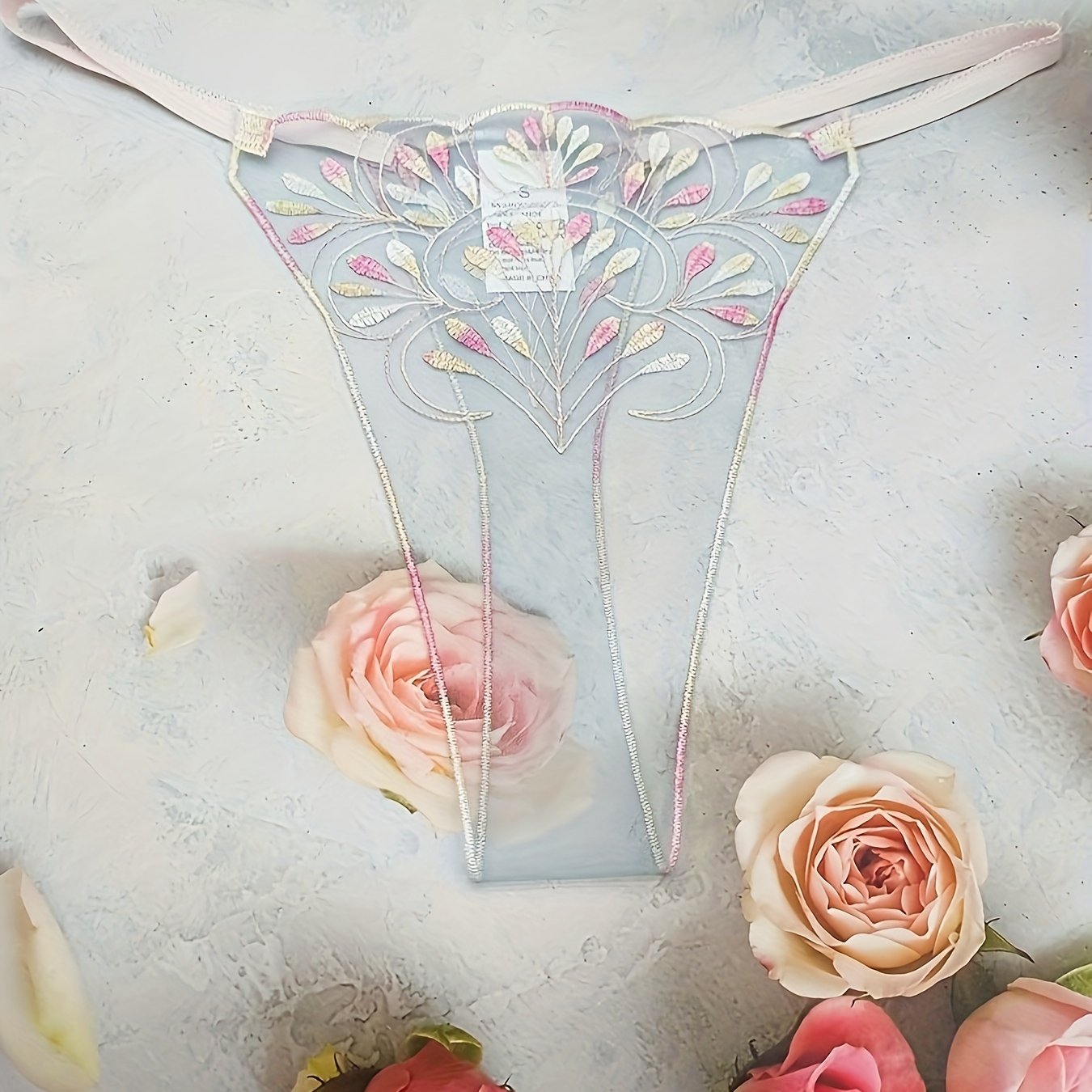 Women’s Blue Transparent Thong Panties with Net Embroidery and Pattern Design