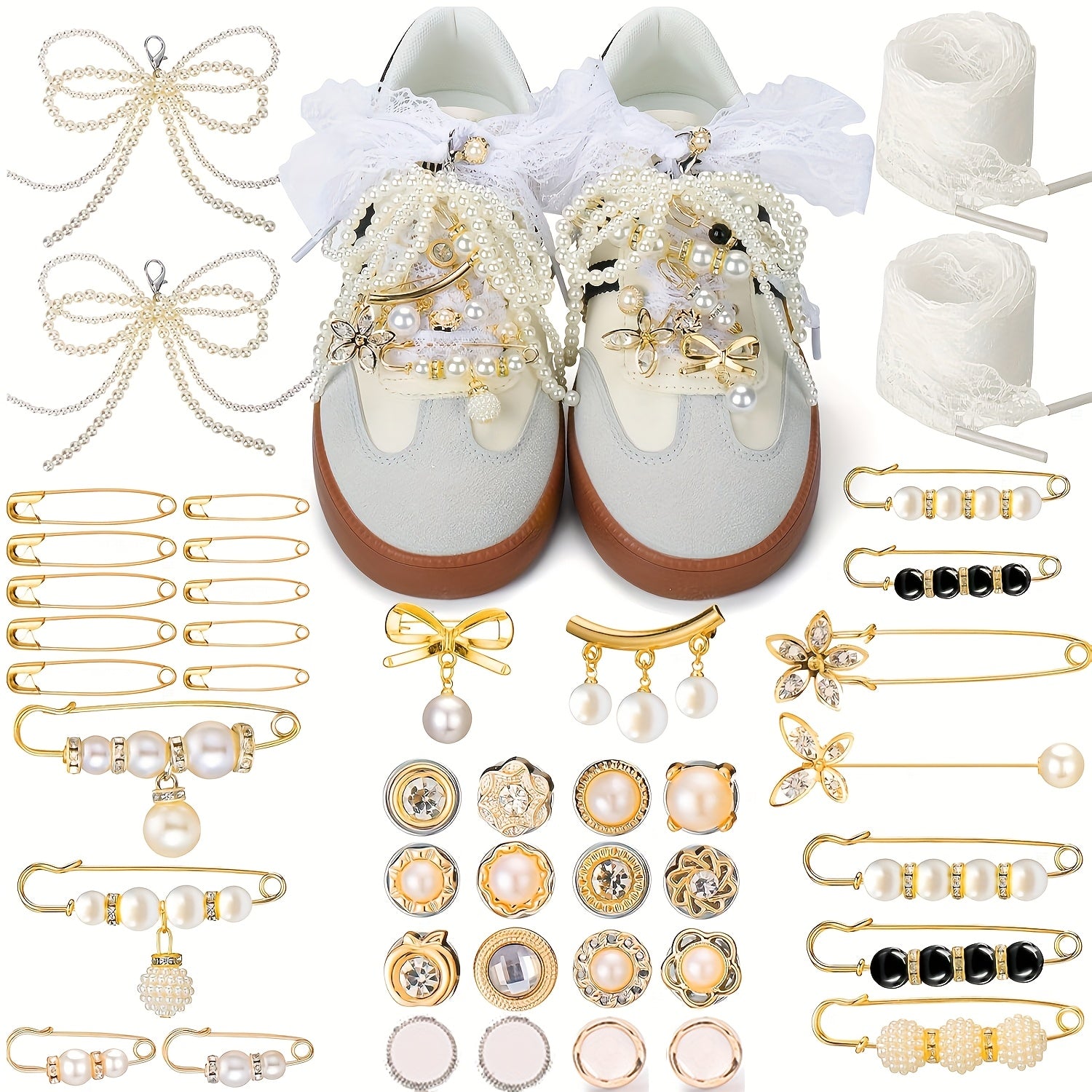 Women Sports Shoe Socks Set With Pearl Shoelace Decorations and Brooches