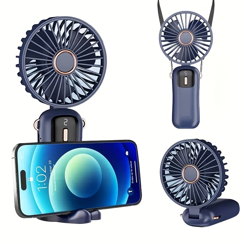 Portable Handheld Fan with LED Display USB Rechargeable Mini Folding Neck Fan for Office and Travel