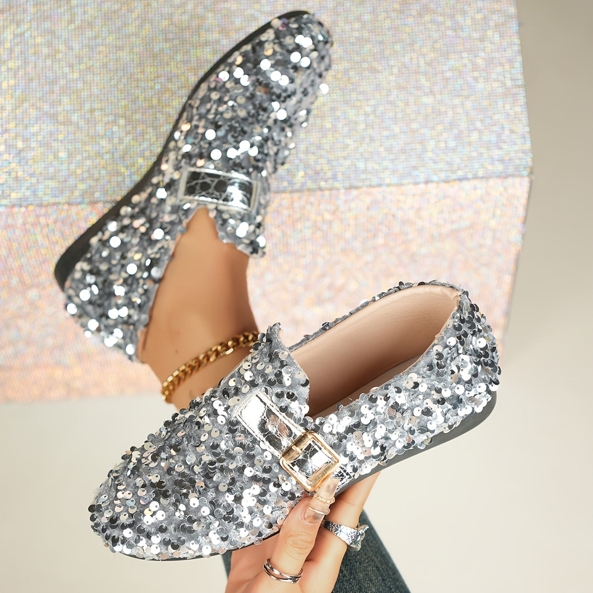 Women's Sequin Embellished Mary Jane Flats Casual Round Toe Slip-On All-Season Comfort