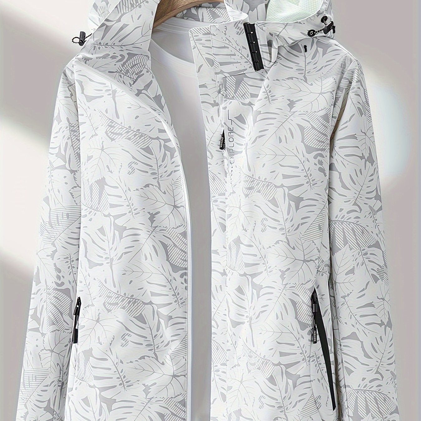 Women's Waterproof Windbreaker Jacket with Zipper Stand Collar and Random Print