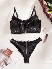 Women’s Velvet Lace Lingerie Set with Eyelash Design and Adjustable Straps