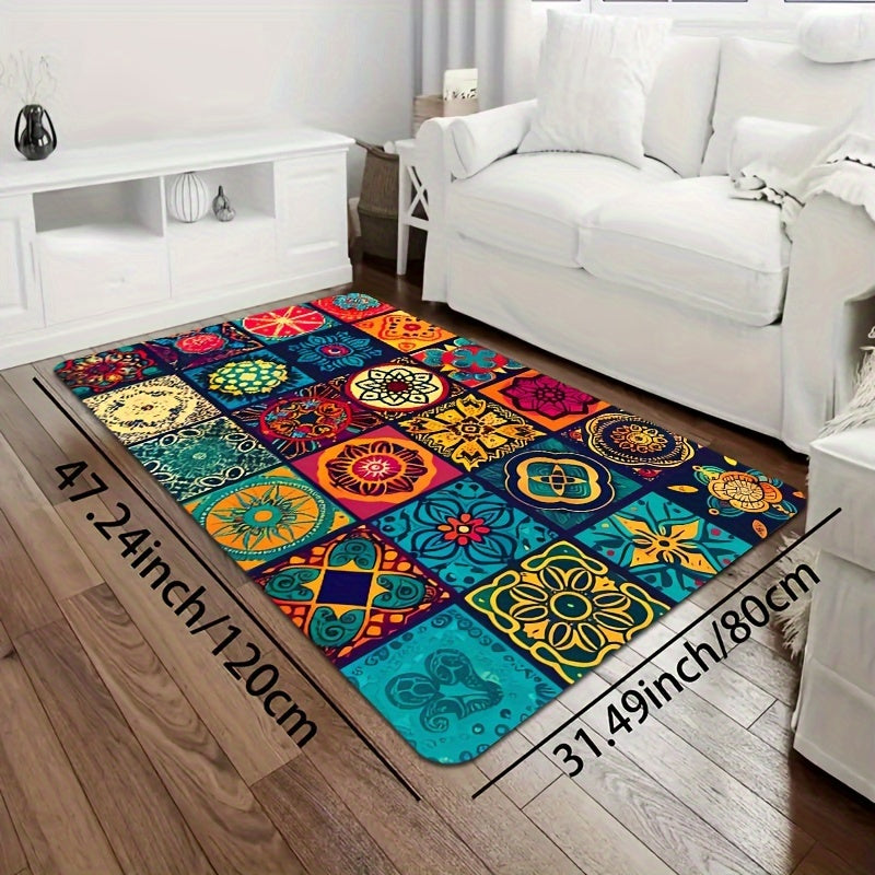 Bohemian Square Floor Mat Non-Slip 8mm Thick Polyester Indoor Outdoor