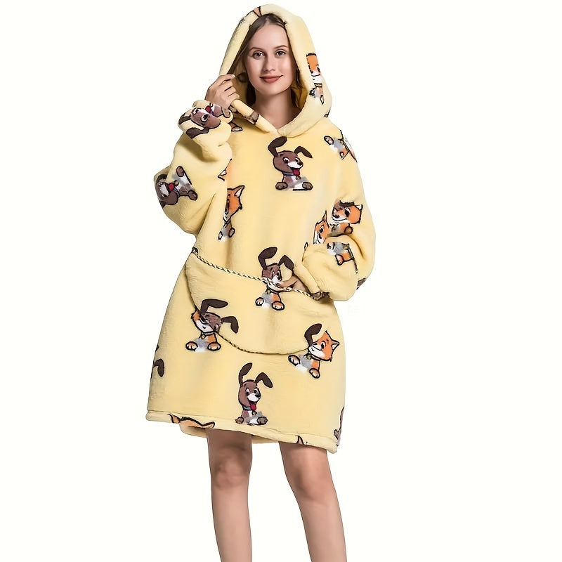 Hooded Fleece Blanket Robe for Adults Cozy Wearable Lounge Wrap