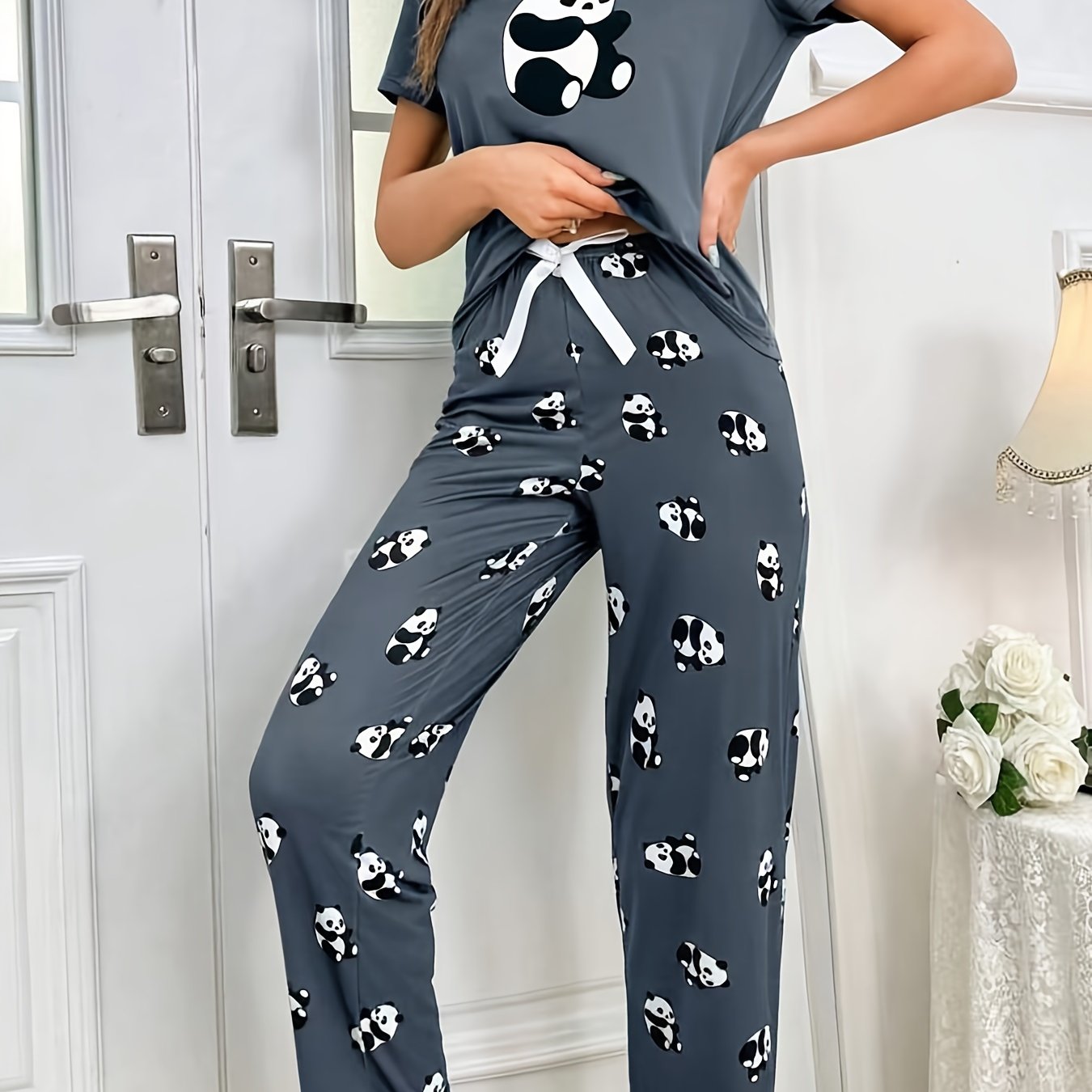 Women's Sleepwear Set with Panda Print Short Sleeve Top and Elastic Pants