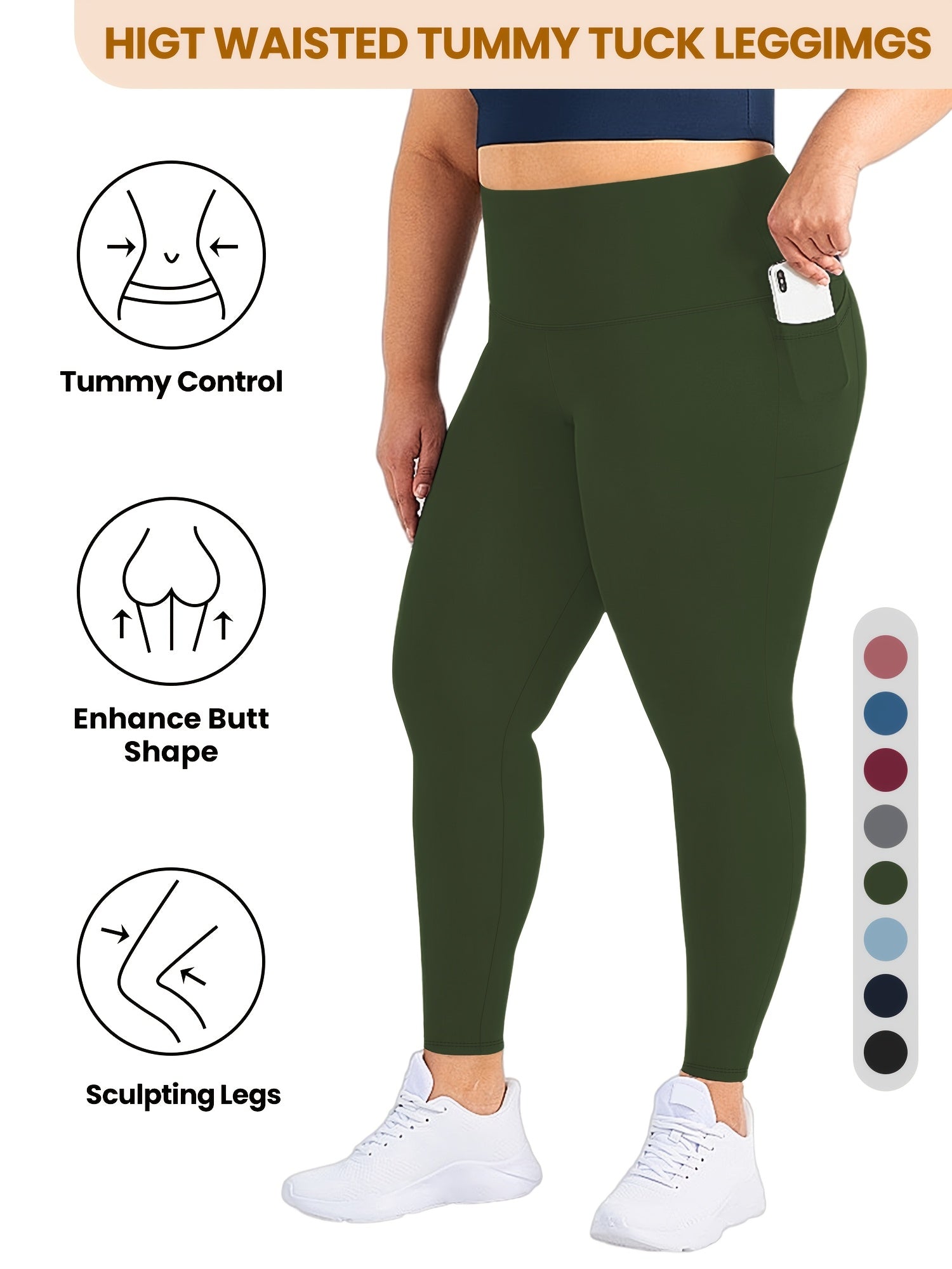 Women High-Waist Yoga Leggings with Pockets Black Slim Fit Tummy Control
