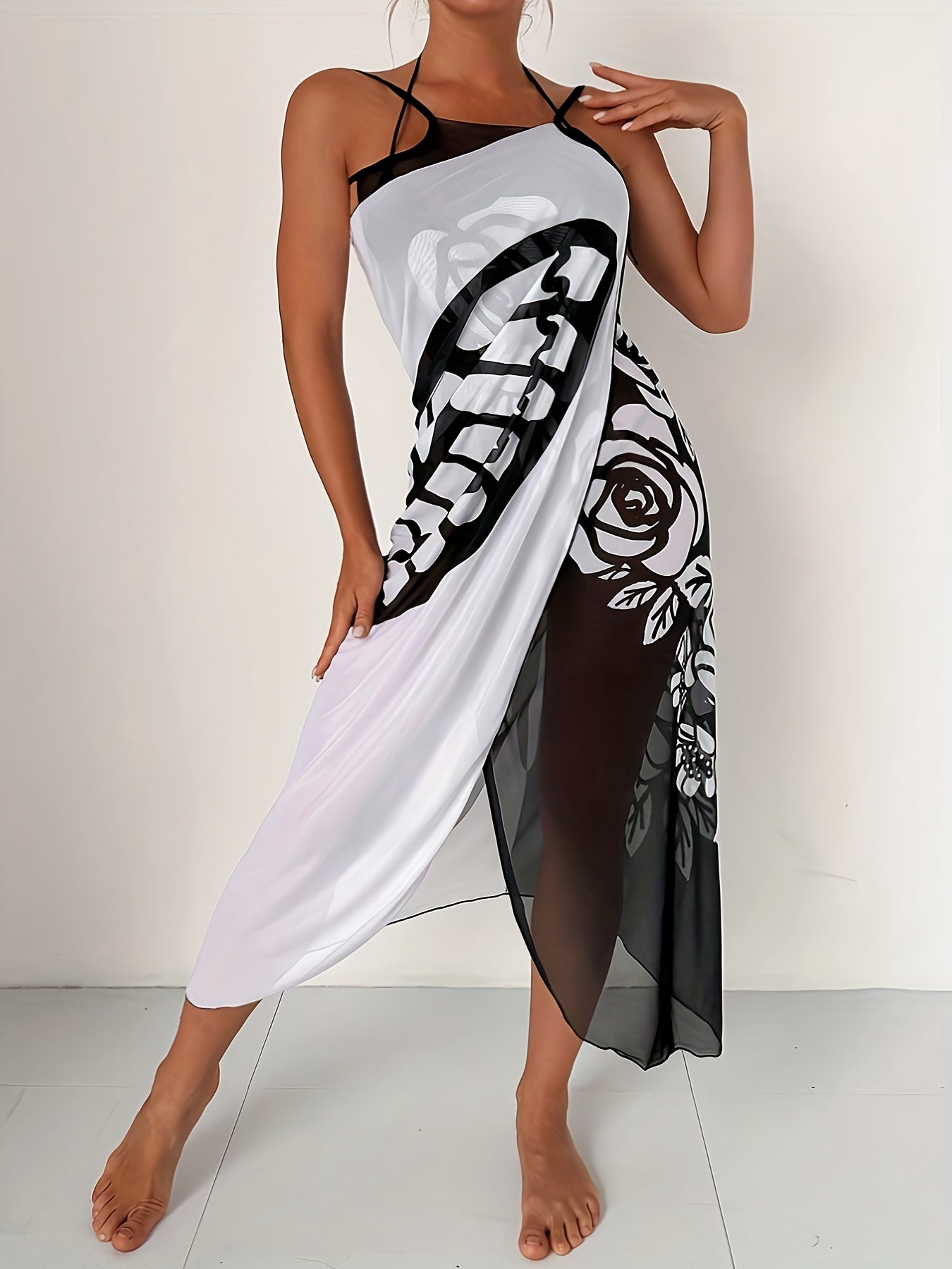 Boho Floral Mesh Cover-Up Dress with Cross Detail and Butterfly Hijab Shawl