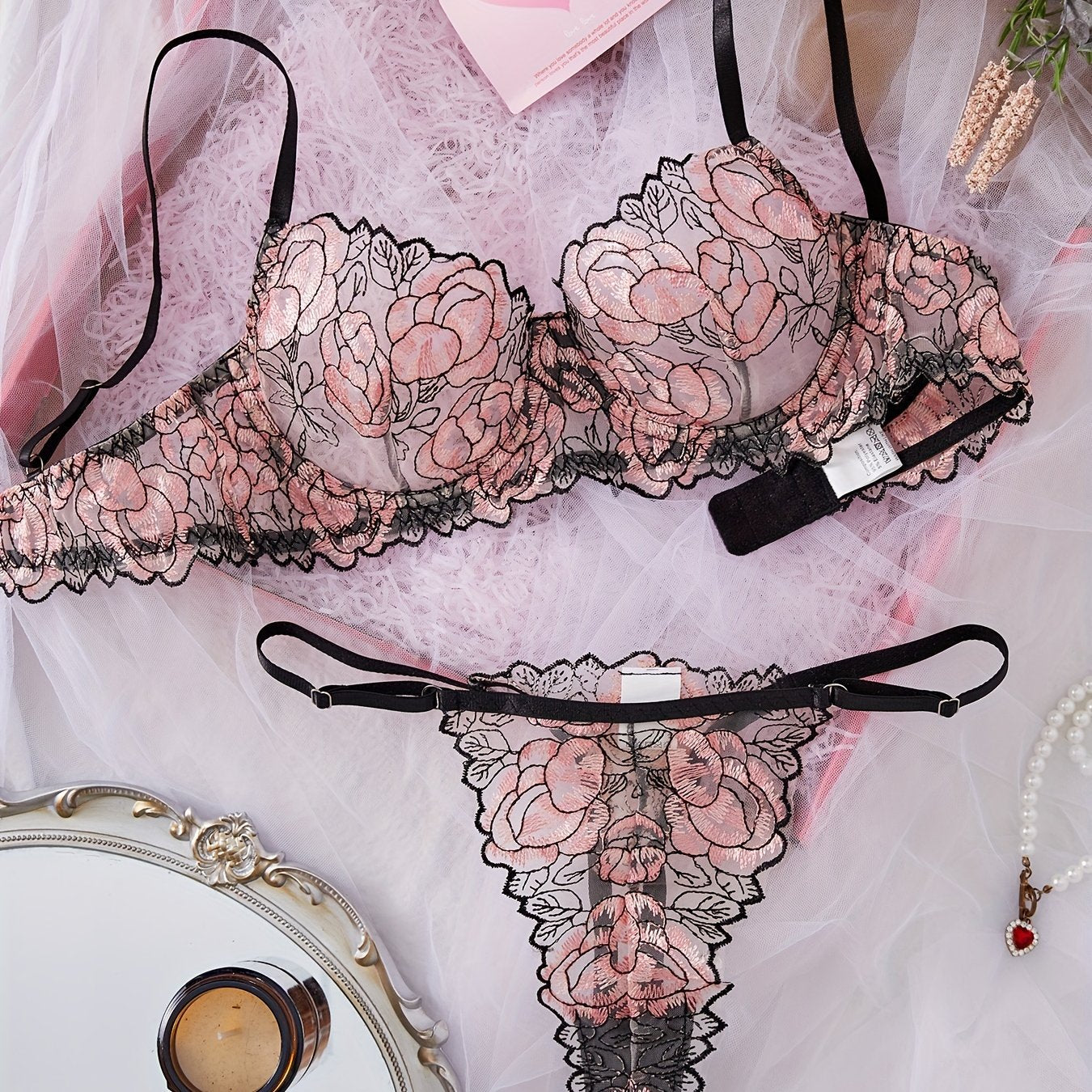 Women's Lingerie Set Satin Lace Bra and Panty Pack of 2