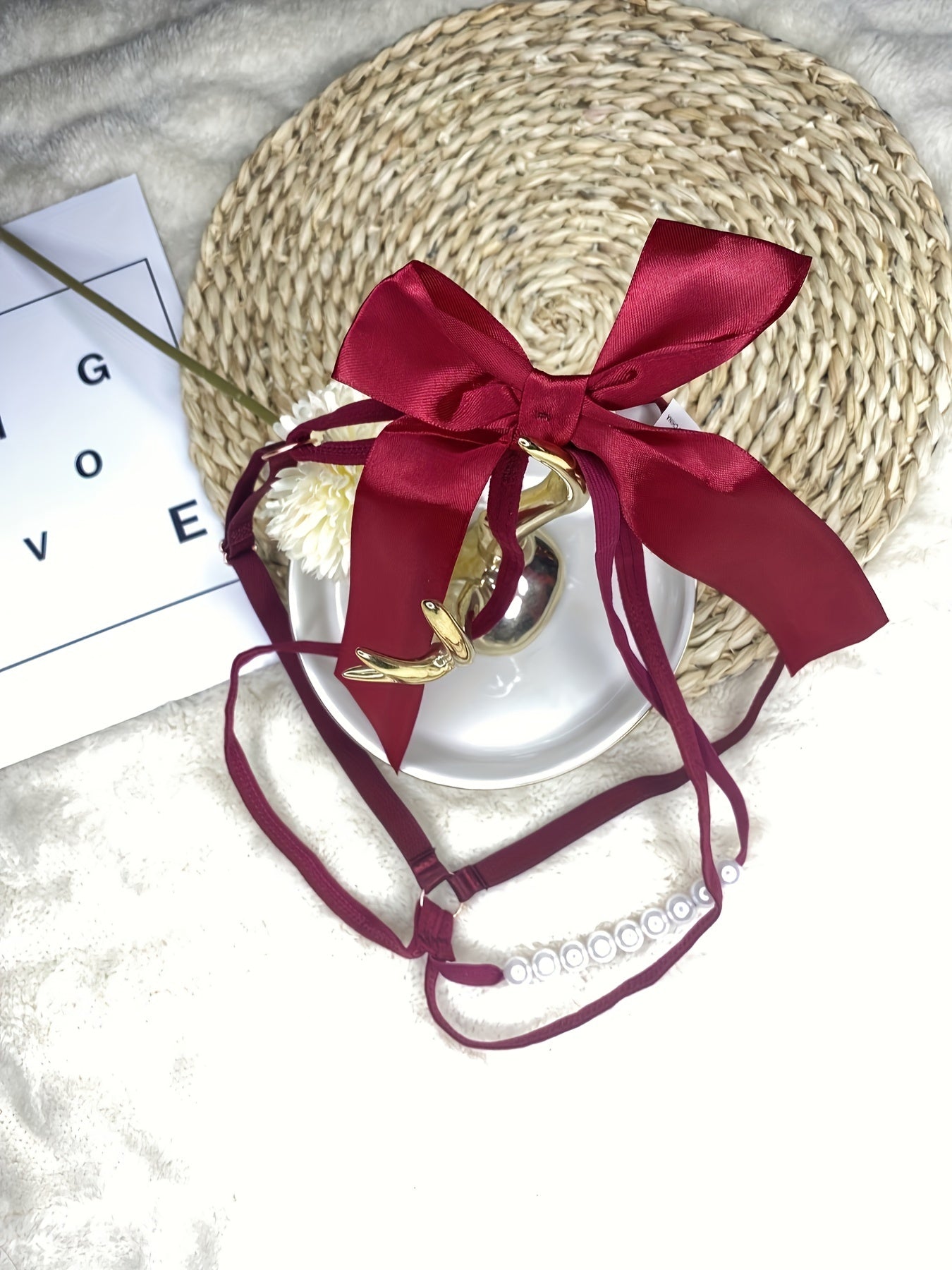 Women's Lace Thongs with Bow Knot and Faux Pearl Decoration Open Crotch Lingerie