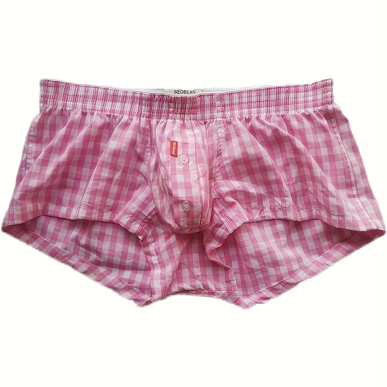 Men's Low Waist Cotton Plaid Underwear with Front Button Opening Shortie