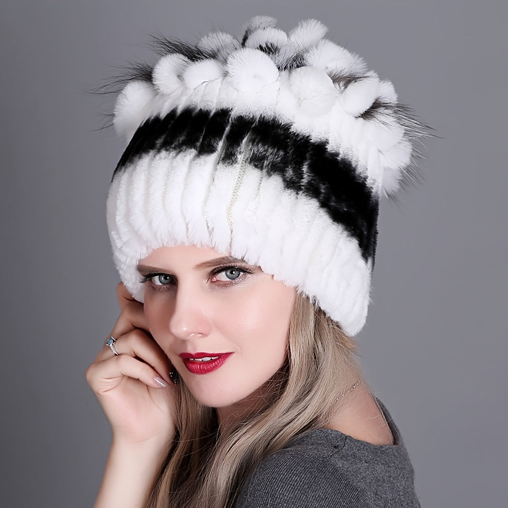 Faux Fur Beanie for Women and Girls Warm Knit Winter Hat