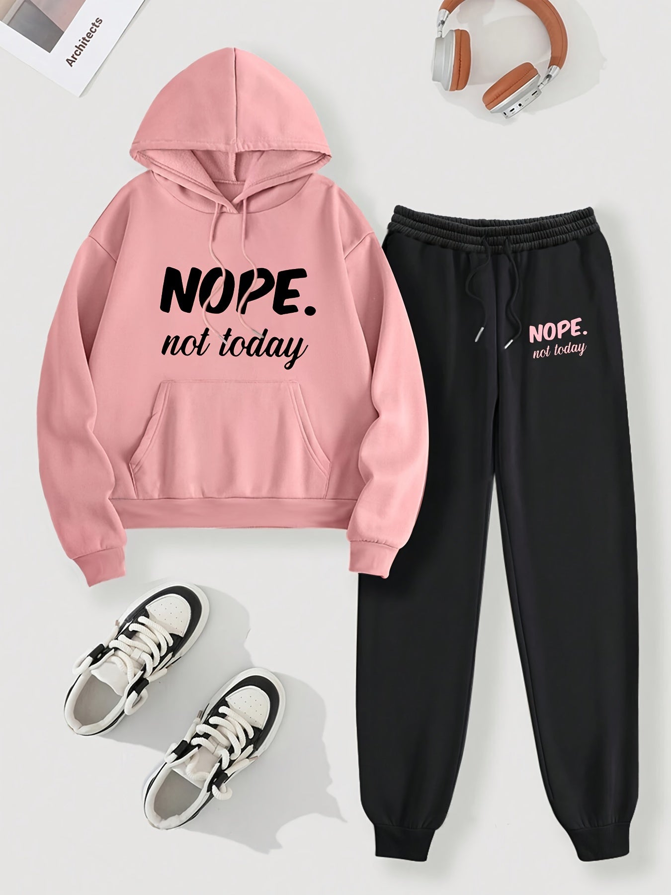 Women's Plus Size Hoodie and Joggers Set Pink Black Polyester Letter Print