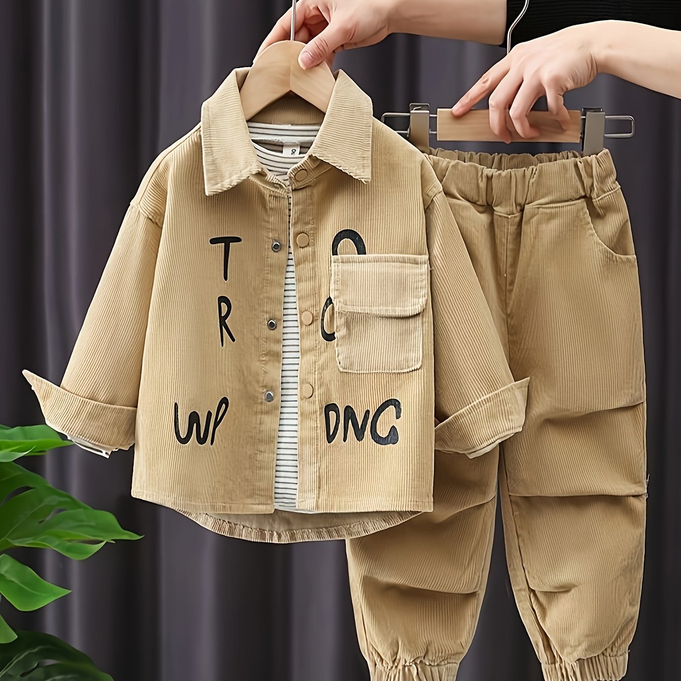 Boys' Spring and Autumn Suit with Letter Print and Corduroy Jacket for Outdoor Activities
