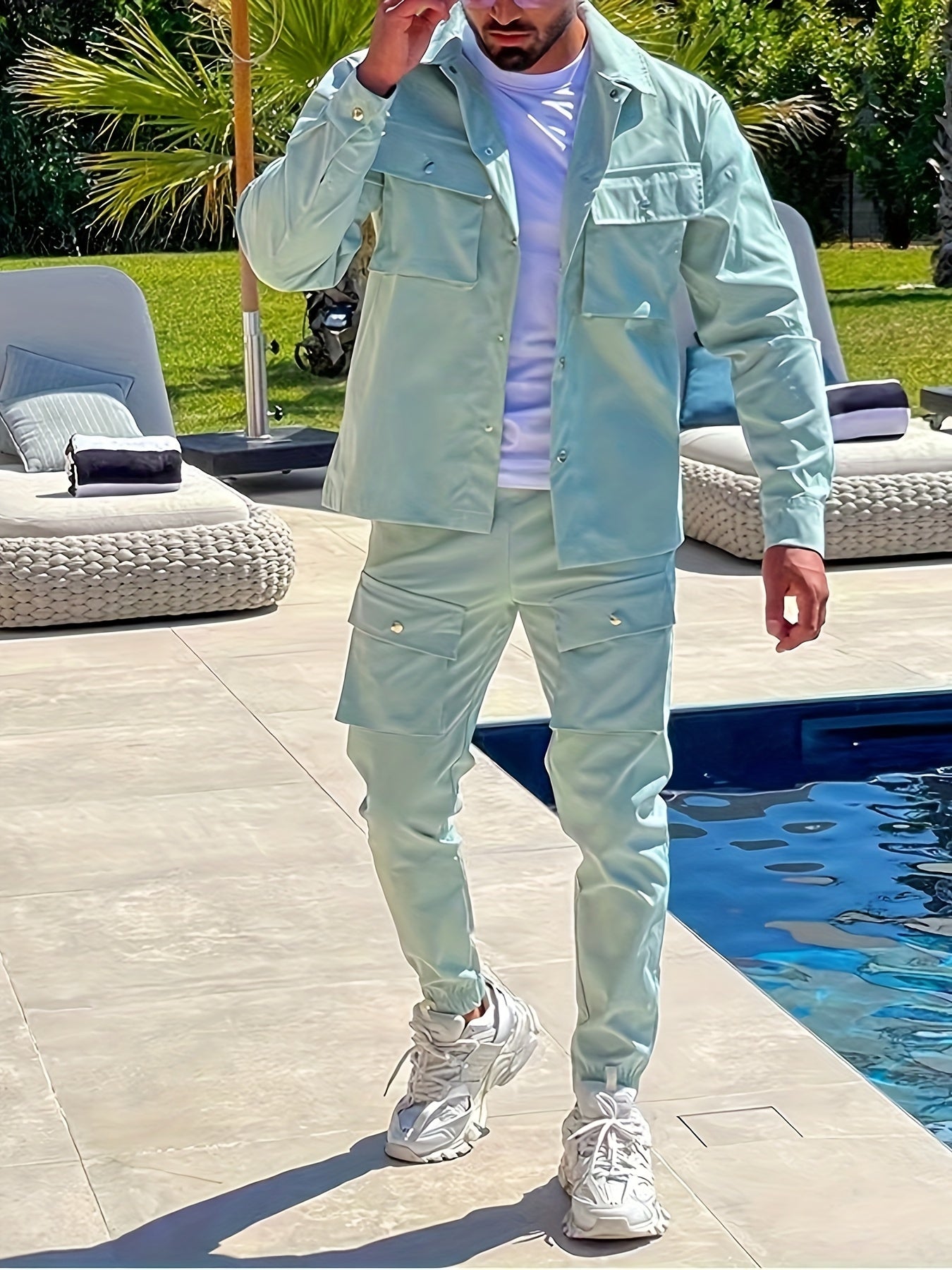 Men's Casual Outfit Set Long Sleeve Solid Color Polyester Spring Fall