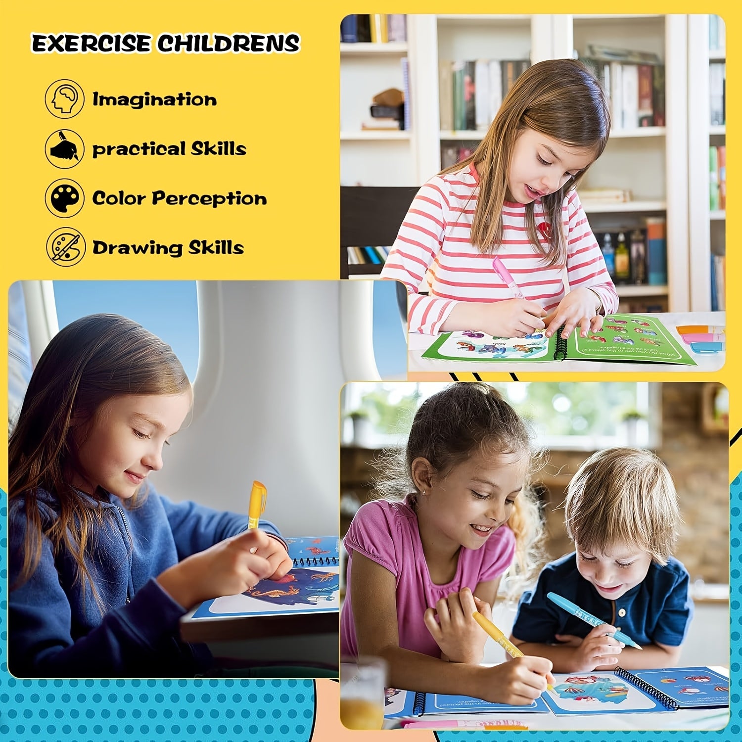 Libro de dibujo con agua para niños, reutilizable, con bolígrafo de agua, papel de colores mezclados