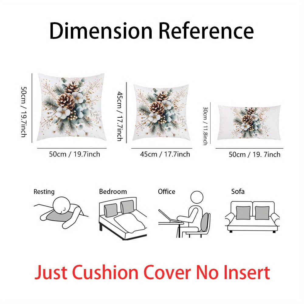 Machine Washable Zippered Polyester Throw Pillow Covers with Pine Cone and Christmas Flower Designs