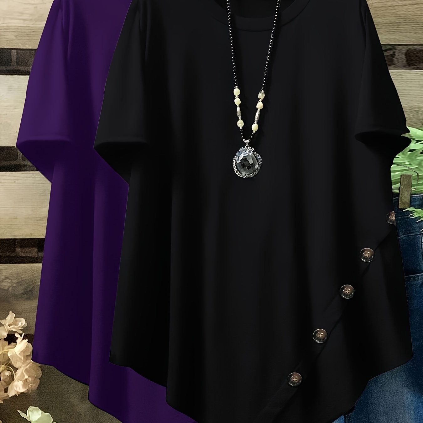 Plus Size Loose Fit Short Sleeve Casual T-Shirts with Button and Asym Hem