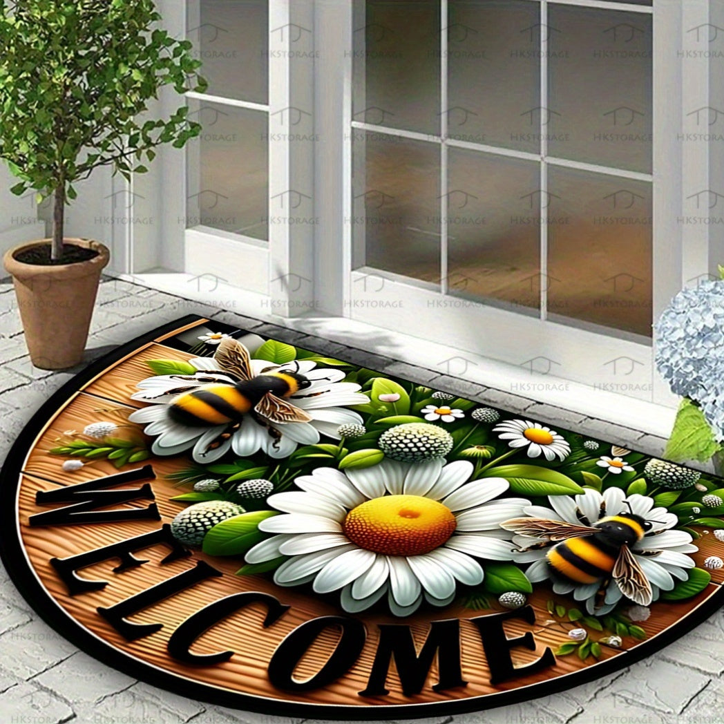 Flower and Bee Semicircular Polyester Rug Non-Slip Indoor Outdoor Decoration