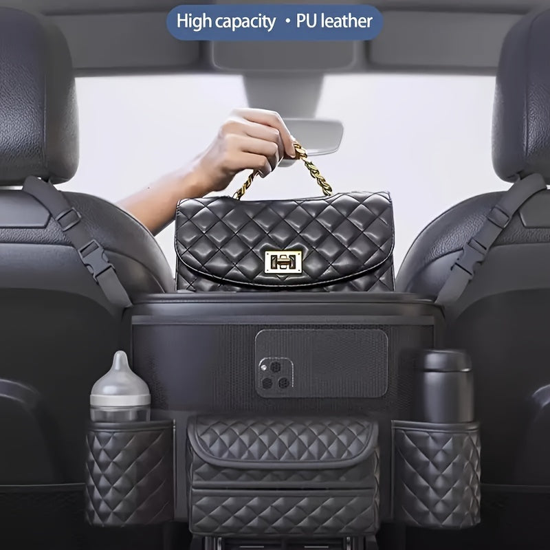 PU Leather Car Seat Back Organizer with Multi-Pocket Storage Waterproof Durable Black Quilted