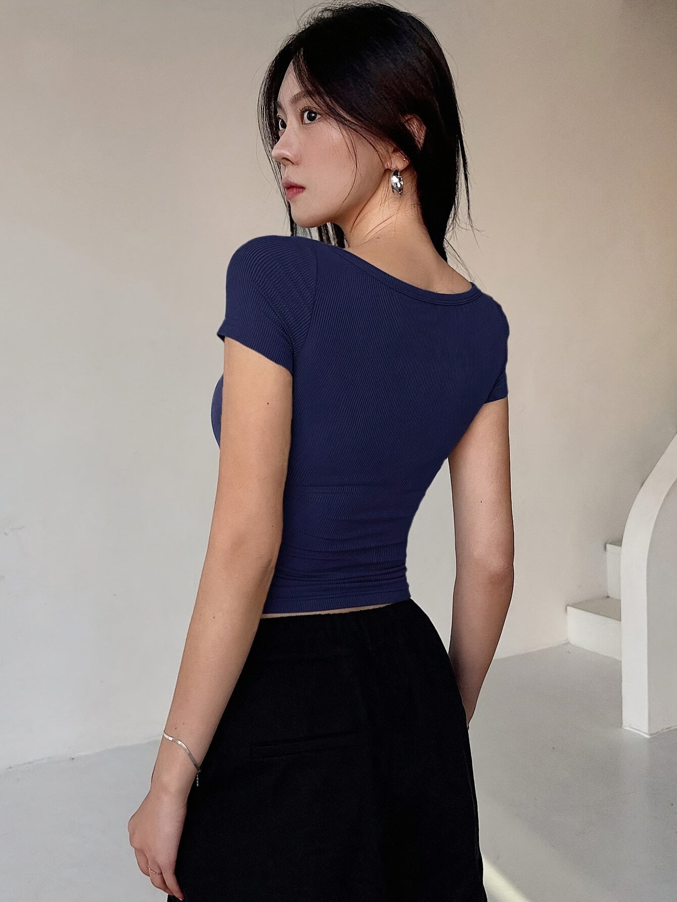 Women's Brown Square Neck Ribbed Knit T-Shirt in Polyester Elastane All Seasons