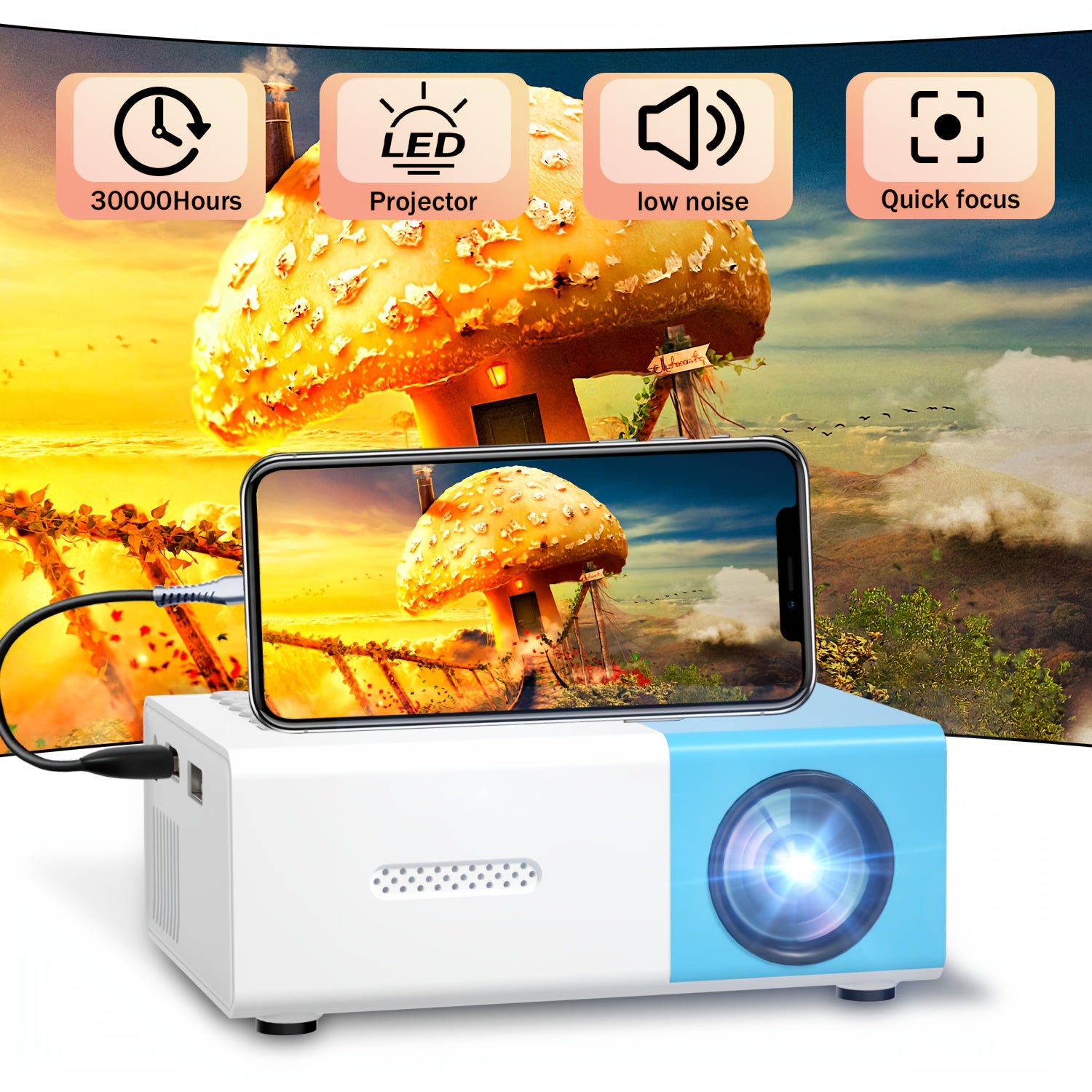 Mini Projector LED Portable Home Cinema 1280x720 HD 30000H Playtime Remote