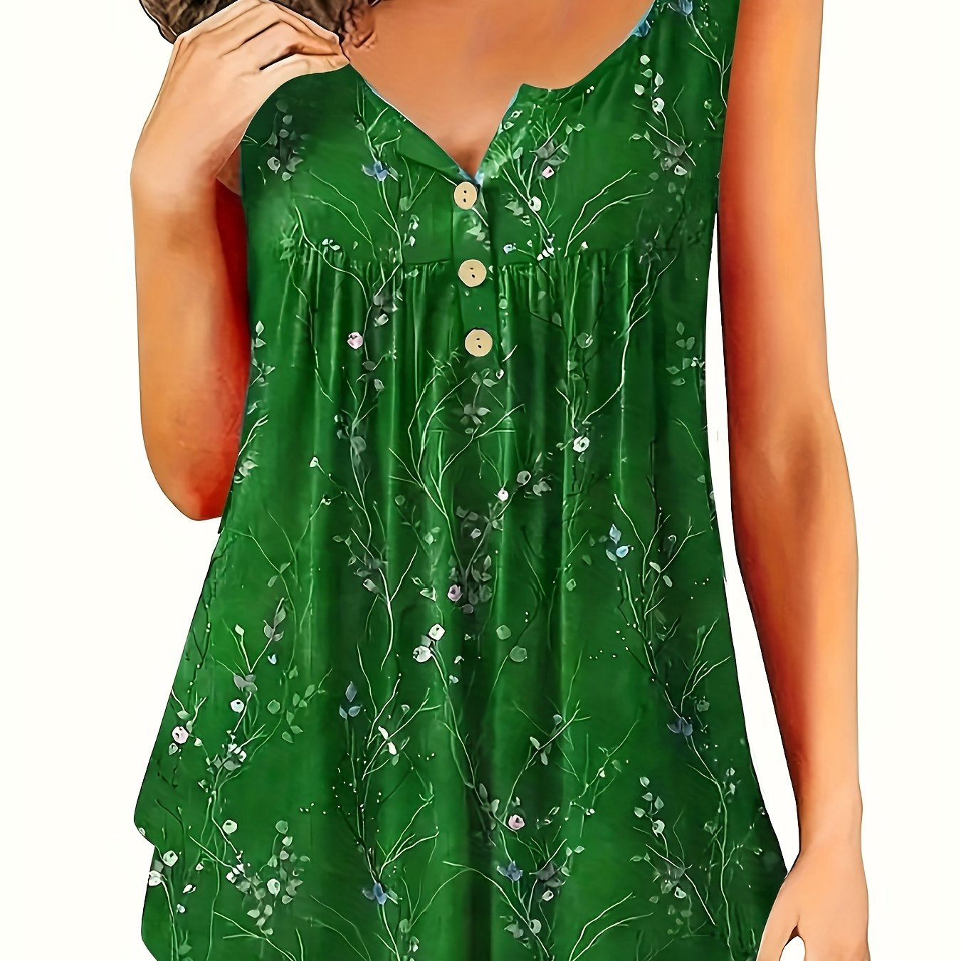 Plus Size Tank Top with Pleats and Button Front for Women