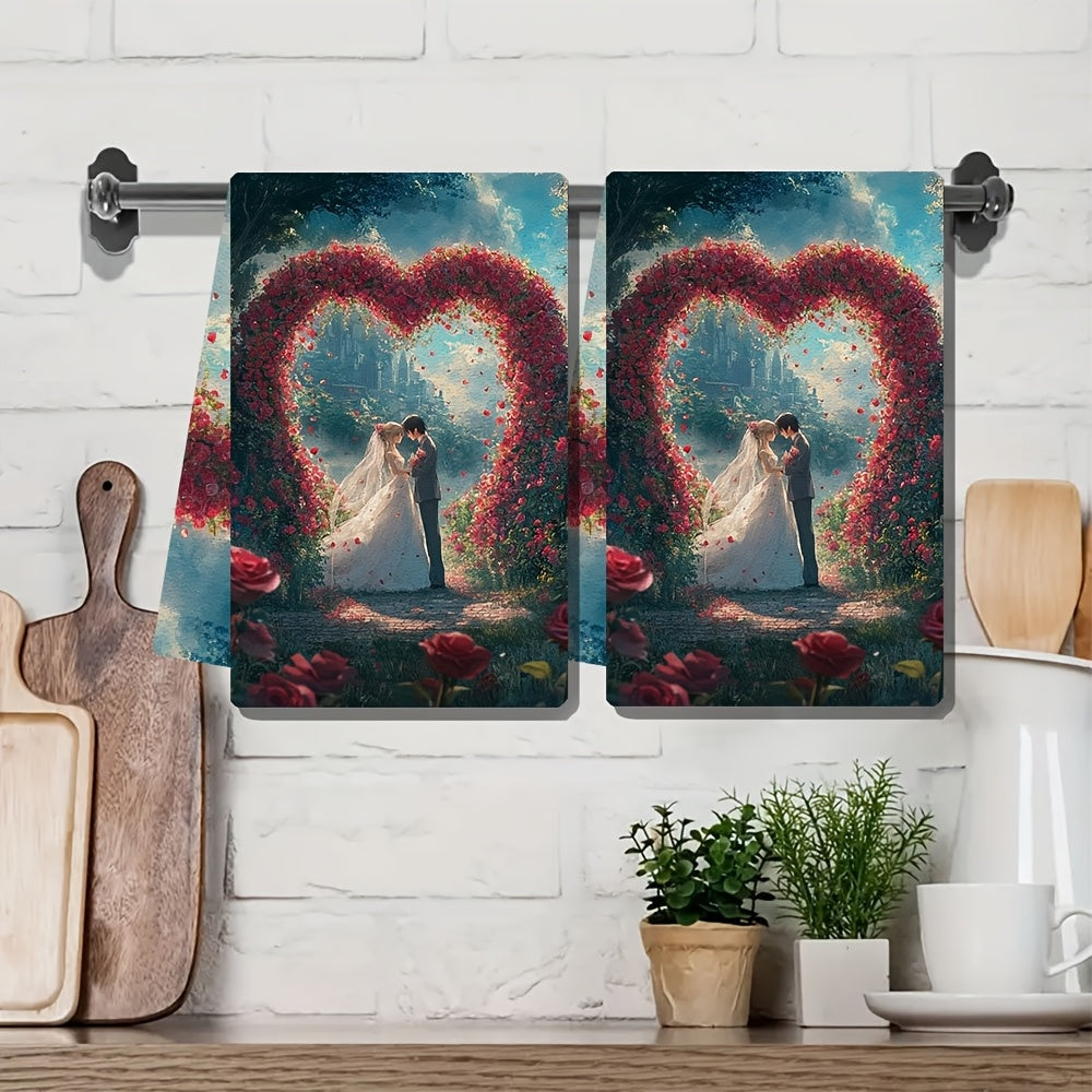 Set of 2 Anime Couple Kitchen Towels 16x24 Inches Soft Absorbent Holiday Decor