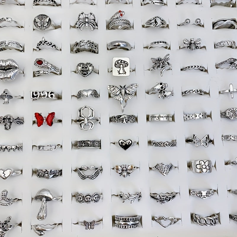 Antik Kumush Qotishma Halqalar Retro Punk Gotik Dizaynlar bilan - 30/50/100 Dona to'plami, Qushlar, Qasrlar va Ilonlar bilan - Erkaklar va Ayollar uchun Hip Hop Partiyalarida Mukammal Zargarlik Sovg'asi