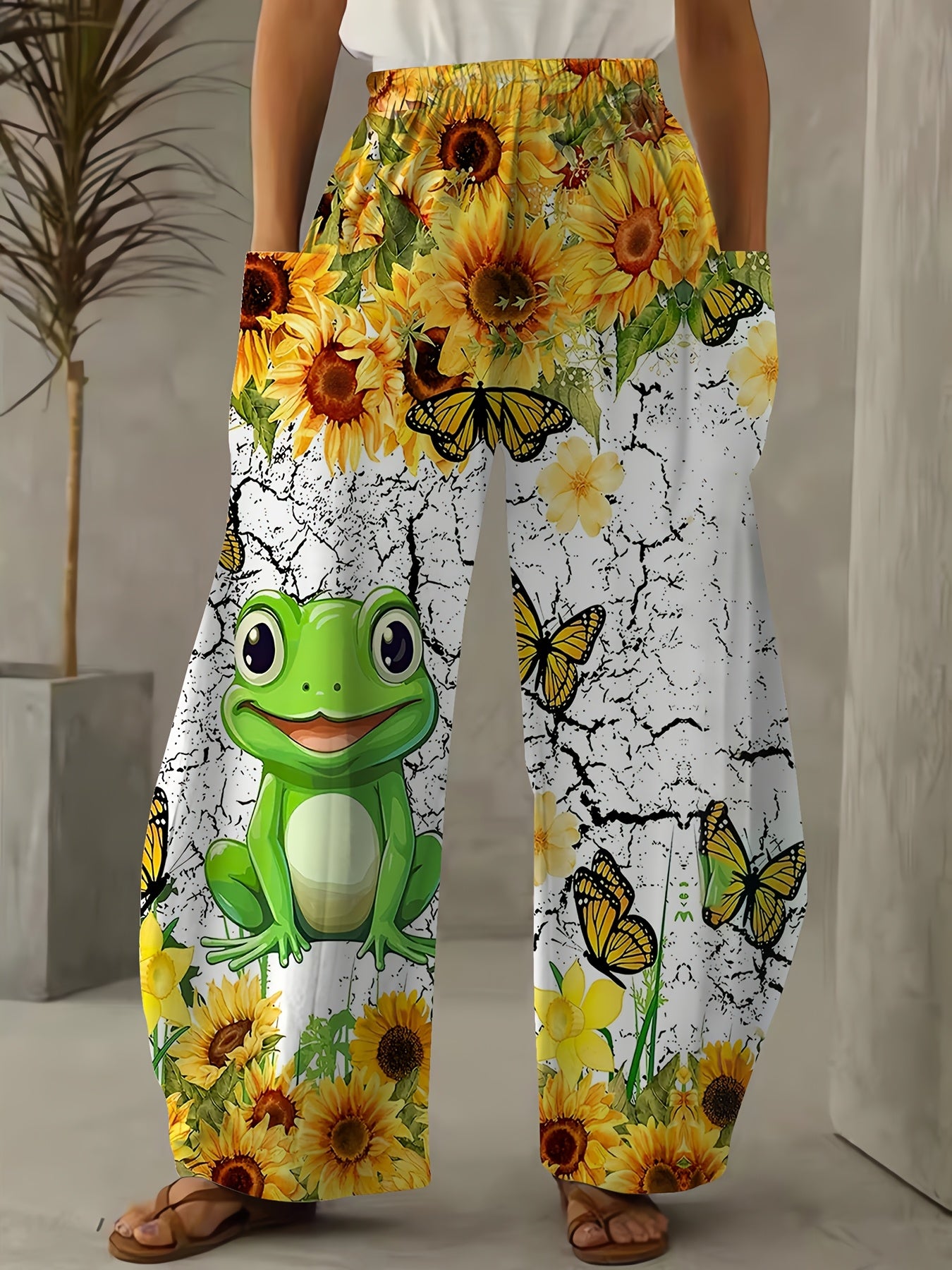 Pantalones de mujer de talla grande de poliéster de pierna ancha con estampado de girasoles y ranas